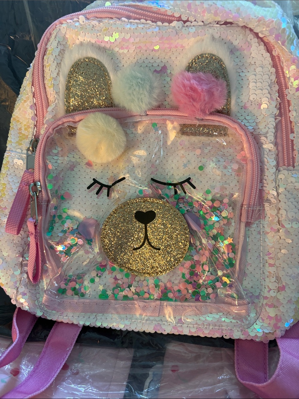 Cat & Jack Pink Sequin Bear Backpack with Pom-Poms